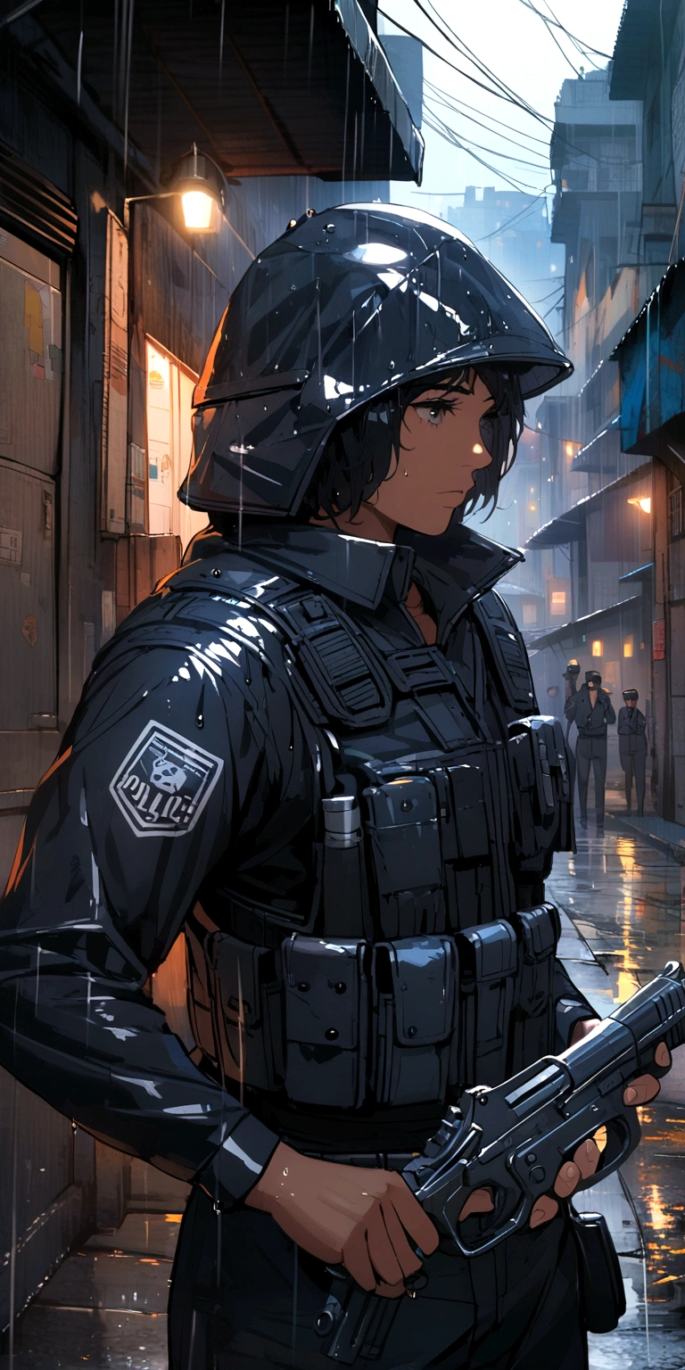Police officer in black uniform without cap in the favela holding a pistol in the rain