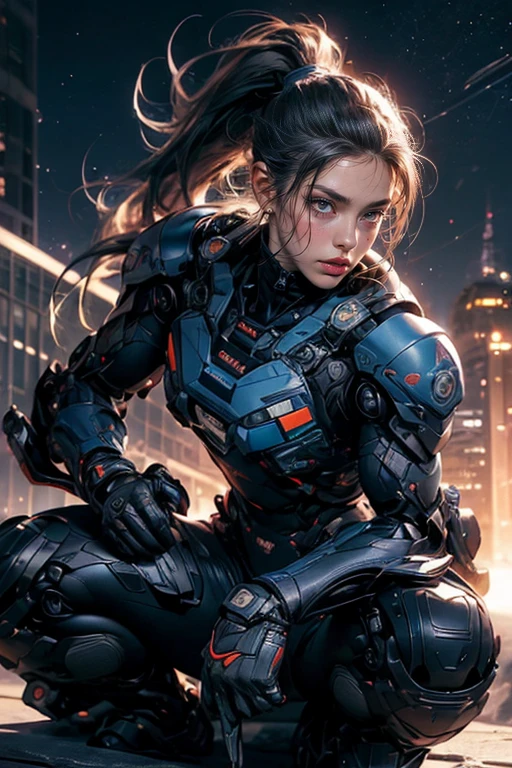 CG Mecha, Beautiful Eyes, Upper Body, Mechanic Armor, Portraiture,jet suit、fly in the sky、patrol、 Police Officer、perfection、Neon Light, 8K, born, Highest quality, Tabletop, Ultra-high resolution, colorful, (medium wide shot), (Dynamic Perspective), Sharp focus , (Depth of written boundary, Bokeh:1.3), Highly detailed eyes and face,Ninja Artist, Beautiful attention to detail、iron, Trim Gear:1.2), ((Tabletop, Highest quality)), Detailed Background, Inside the spaceship、Grab your weapon、(Gray Hair)、blue eyes、ponytail、dirty、born物発光、full moon、Shot with Canon R5、On one knee、Dark fantasy,masterpiece,