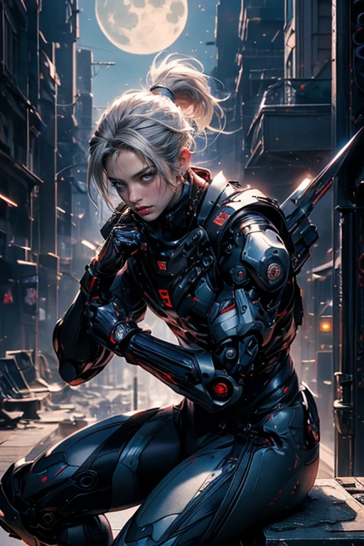 CG Mecha, Beautiful Eyes, Upper Body, Mechanic Armor, Portraiture,jet suit、fly in the sky、patrol、 Police Officer、perfection、Neon Light, 8K, born, Highest quality, Tabletop, Ultra-high resolution, colorful, (medium wide shot), (Dynamic Perspective), Sharp focus , (Depth of written boundary, Bokeh:1.3), Highly detailed eyes and face,Ninja Artist, Beautiful attention to detail、iron, Trim Gear:1.2), ((Tabletop, Highest quality)), Detailed Background, Inside the spaceship、Grab your weapon、（Gray Hair）、blue eyes、ponytail、dirty、born物発光、full moon、Shot with Canon R5、On one knee、Dark fantasy,masterpiece,