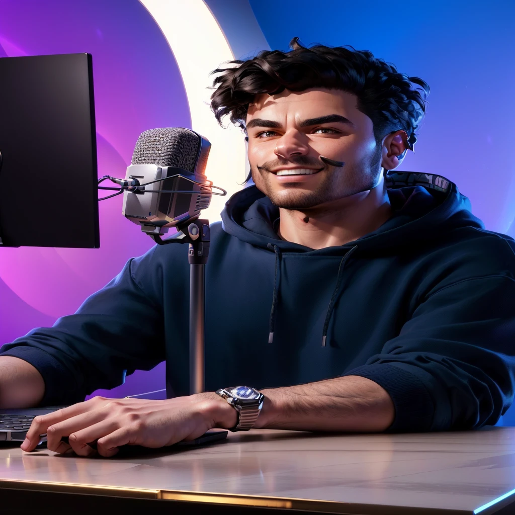 arafed man sitting at a desk with a laptop and a microphone, solid background, 8k portrait render, background artwork, twitch streamer / gamer ludwig, high quality portrait, nft portrait, for hire 3d artist, promotional render, realistic artstyle, detailed portrait shot, background art, rapping into microphone, anton fadeev 8 k, twitch streamer
