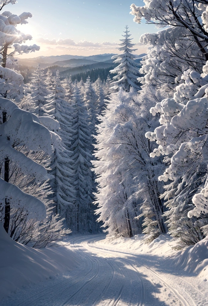 masterpiece, 最high quality, high quality, Very detailed CG ユニティ 8k 壁紙, Vast and quiet coniferous forest stretching to the horizon, Harmonious green trees々, A fresh breeze blowing through the leaves, Crystal snow piled up on the frozen ground, Creates a wonderful and peaceful landscape, Bokeh, Depth of written boundary, High resolution, bloom, chromatic aberration, Photorealism, Very detailed, artステーションでトレンド, Trending on CGSociety, Complex, High detail, dramatic, art：Mid Journey