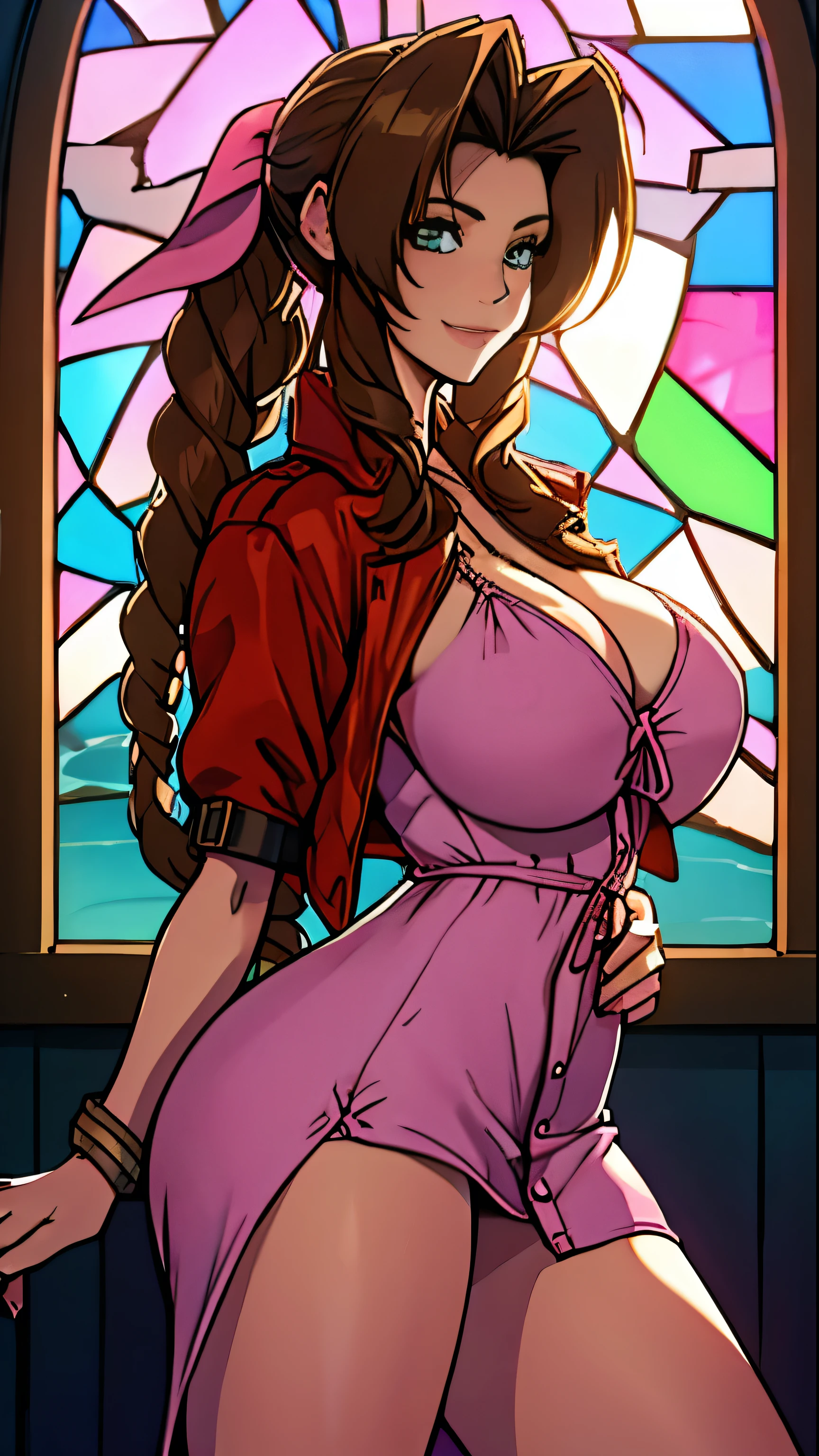 masterpiece, best qarity, Aerith Gainsborough, She is standing, she is raised, short dress, Athletic build, thin waste, broad hips, perky ass, gargantilha, Short jacket, hair bow, bracelet, pink dress, spectator side, smile, mouth shut, inside, stained glass, legs thick, big boobies, very short dress, she is standing, She is standing, beach scene