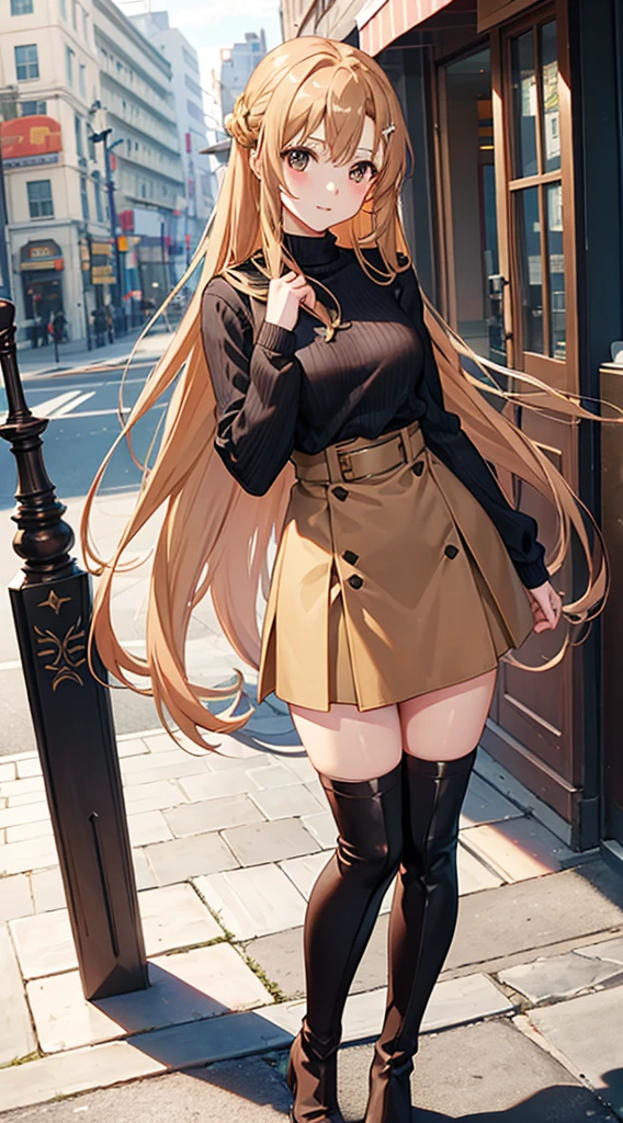 Asuna from Sword Art Online wearing a light brown sweater, a black skirt and thigh high boots
