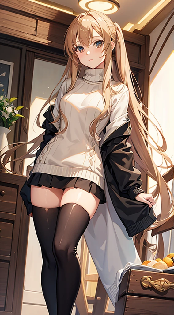 Asuna from Sword Art Online wearing a light brown sweater, a black skirt and thigh high boots