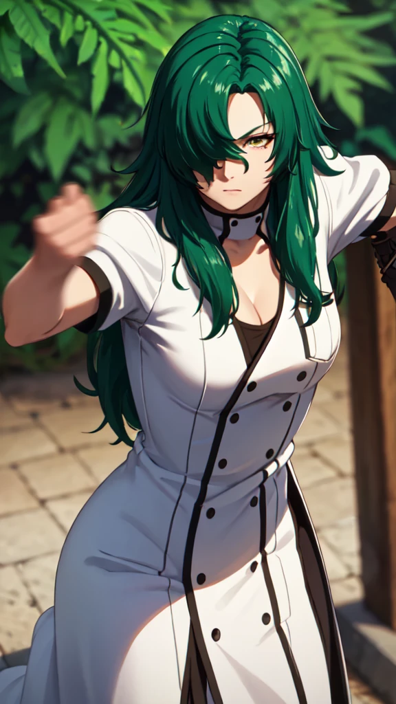 cleavage,photorealistic, (4k), depth of field, (Masterpiece), (realistic skin texture), extremely detailed, intricate, hyper detailed, professional photography, bokeh, high resolution, sharp detail, best quality, woman, long hair, green hair, yellow eyes, hair covering one eye, long coat, white coat, white gloves, dynamic pose, muscular female, (combat stance:1.5), upper body,