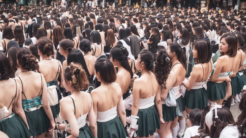((ExtremelyDetailed (large crowd Girls in a row:1.37) at Shibuya Hachiko-mae scramble crossing)), (masterpiece TopQuality) (photorealistic:1.37), {(Walking Full Body:1.2)|(from below:1.2)}, Different types of hair colors, wearing bra {Japanese School Uniform|naked bandage|tutu}