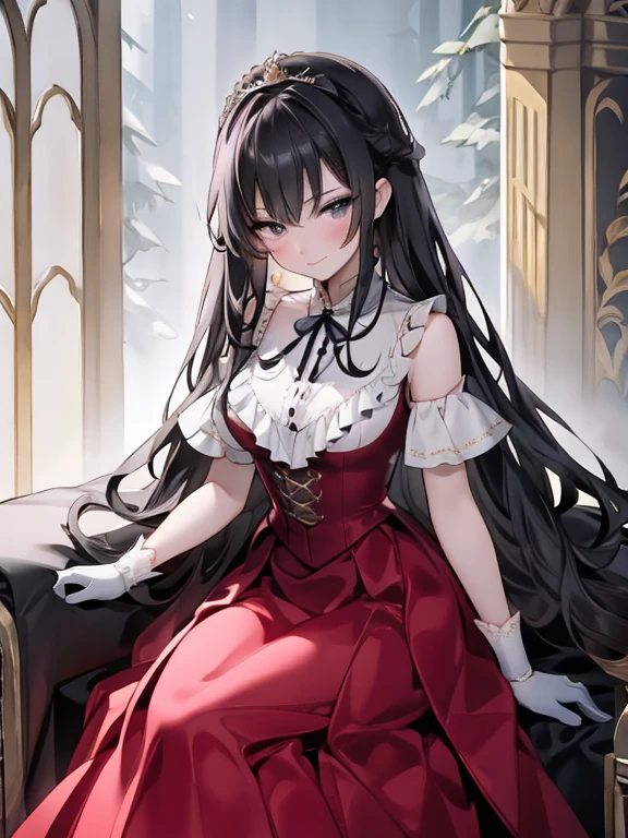 masterpiece, Highest quality, Very detailed, 16K, Ultra-high resolution, Cowboy Shot, anatomically correct, 16-year-old girl, Detailed face, Mischievous Smile, black eye, Black Hair, Long Straight, victorian dress, (Crimson Dress:1.3), (Gorgeous dress:1.3), (shawl), (tiara:1.3), White gloves, (Long Skirt:1.4), royal palace, The King's Room, audience