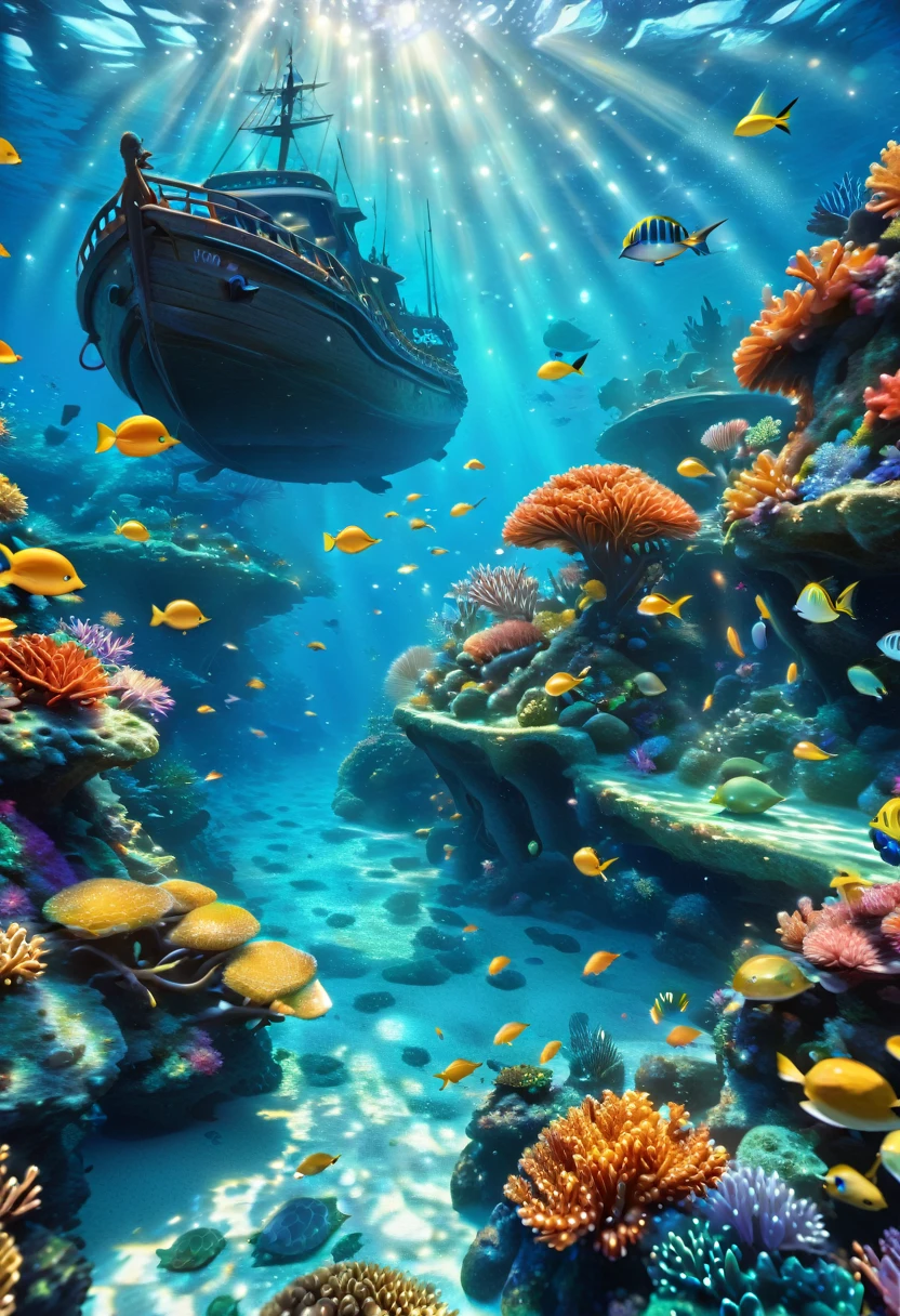 a beautiful detailed underwater scene, 1 mermaid, deep blue ocean water, variety of marine life, coral reefs, sunlight filtering through water, schools of tropical fish, sea turtles swimming gracefully, bioluminescent plankton, coral-encrusted shipwreck, realistic water simulation, stunning 8k resolution, cinematic lighting, vibrant colors, photorealistic, masterpiece, sharp focus, extremely detailed, high definition realistic