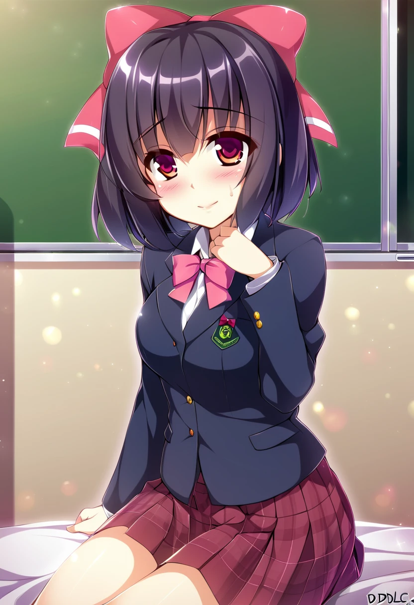 one girl, Sayori, hair bow, short hair, school blazer, DDLC