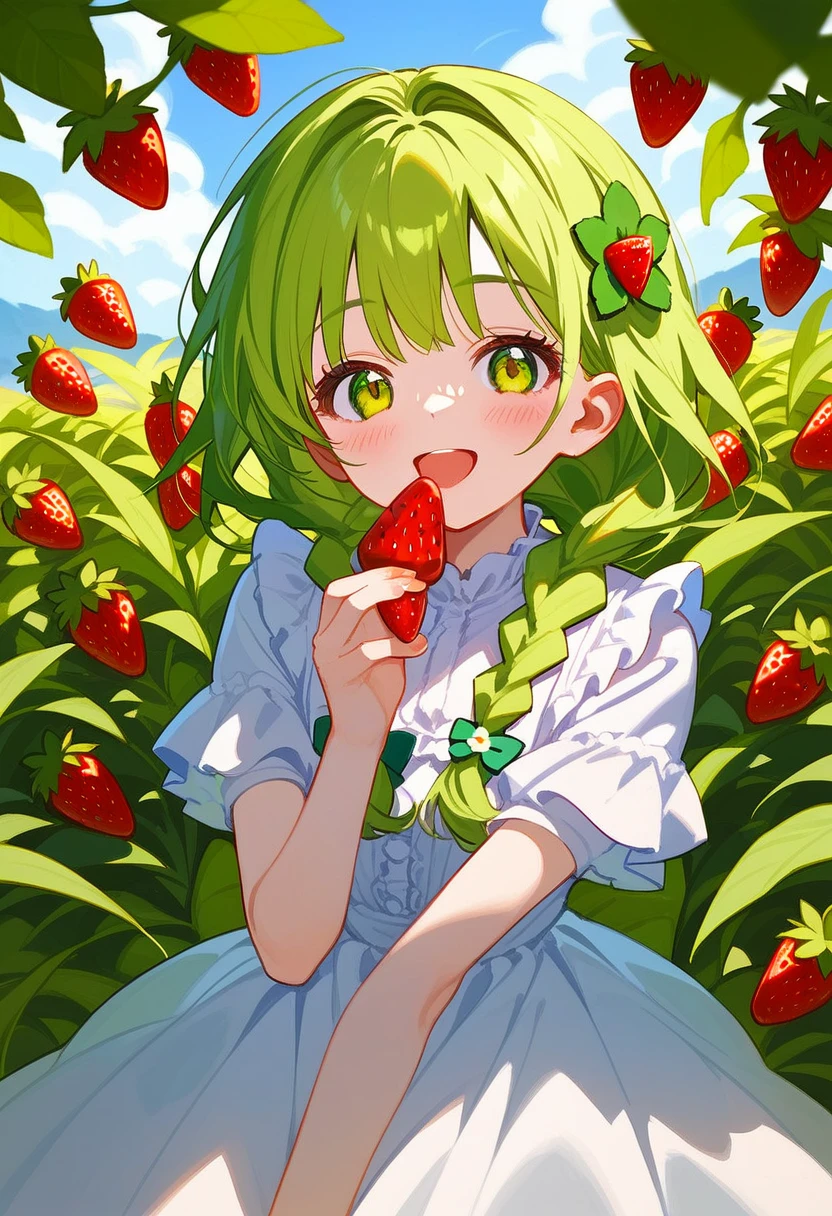 a girl anime girl with lots of green hair and strawberries around her, 1girl, green eyes, solo, green hair, braid, twin braids, flower, long hair, dress, hair ornament, smile, short sleeves, looking at viewer, food, hair flower, blush, strawberry hair ornament, frills, open mouth