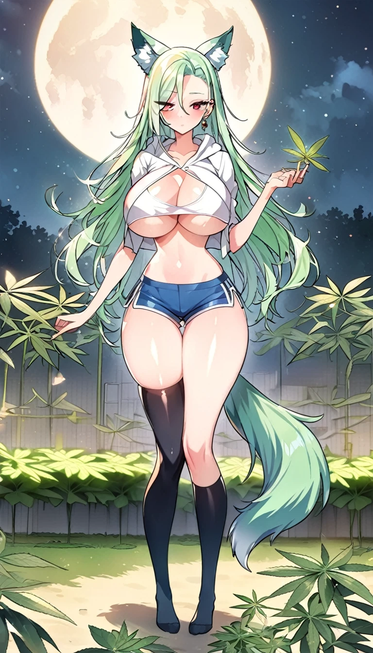 Croped, cleavage, slim waist, cropped hoodie underboob, cropped hoodieunderboobhoodie, 1girl, 2 wolf ears, wolf tail, marijuana crop hoodie, crop shorts, marijuana hoodie, spiky hair, spiky fur, green hair, red eyes,marijuana field, tight clothes, perfect eyes, perfect hands, clear resolution, full body, cleavage skin, marijuana plants, open hoodie, marijuana field, black thigh high socks, full body, earrings, 1girl, skirt,  cleavage, slim waist, cleavage, slim waist, hair pulled back, big breast, round butt, slim waist, best quality, thick thighs, 4k quality, night time, full moon