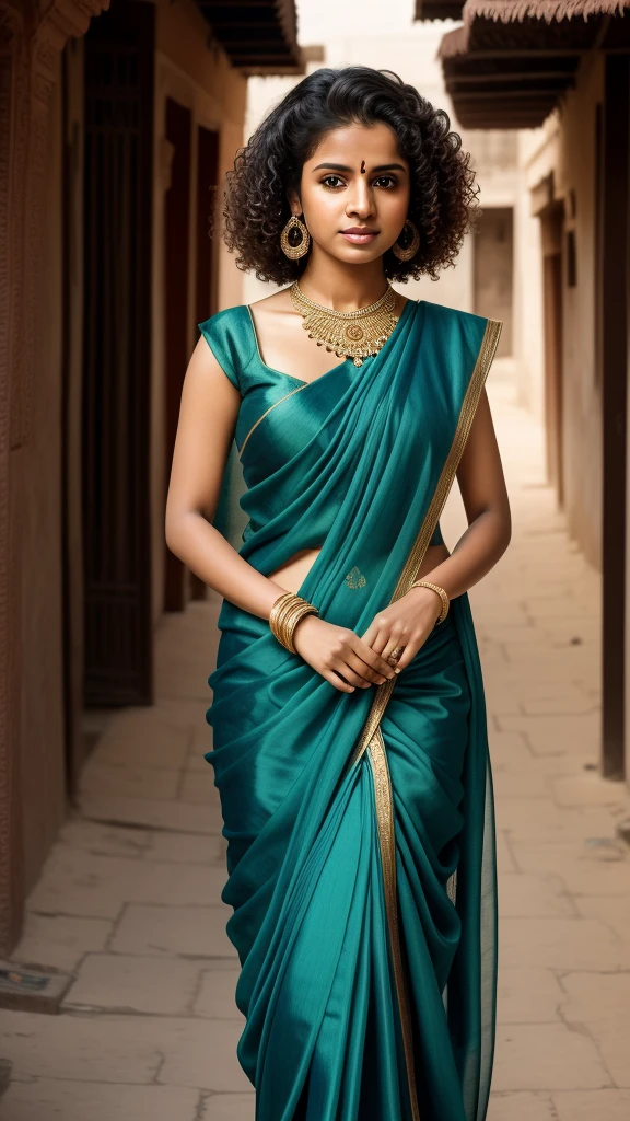Masterpiece, hd photography, realistic,1woman, young woman, arabian woman, arab, medium hair, curly, wear sari, indian traditional clothes, upper body, standing, street background