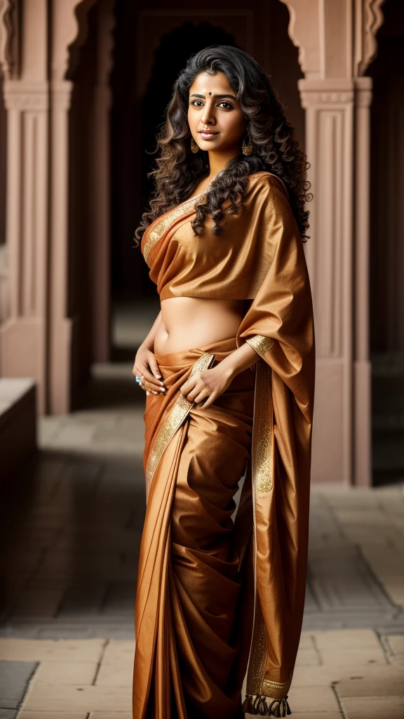 Masterpiece, hd photography, realistic,1woman, young woman, arabian woman, arab, medium hair, curly, wear sari, indian traditional clothes, upper body, standing, street background