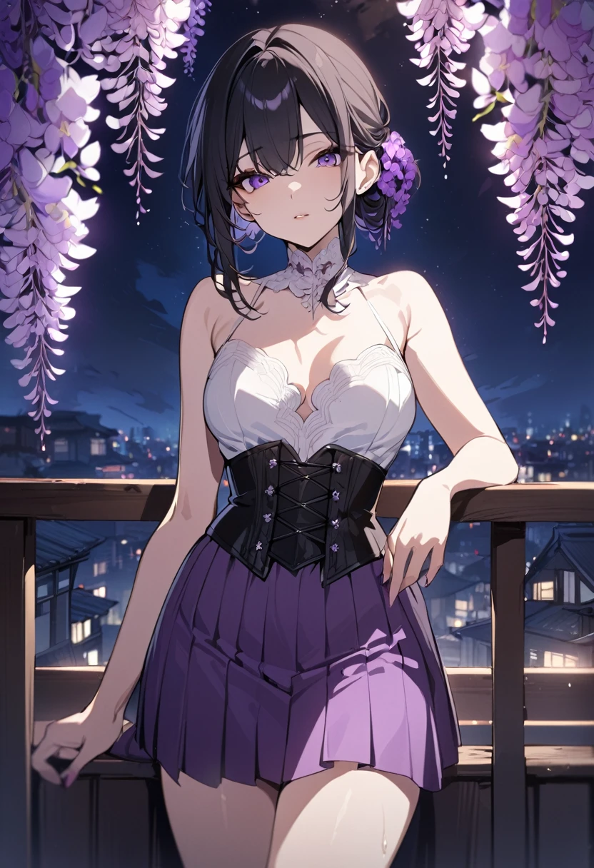 One girl, masterpiece, best quality, fair skin, beautiful girl, purple extensions, black hair, black corset, purple skirt, night, wisteria flowers only, anime, less exposure
