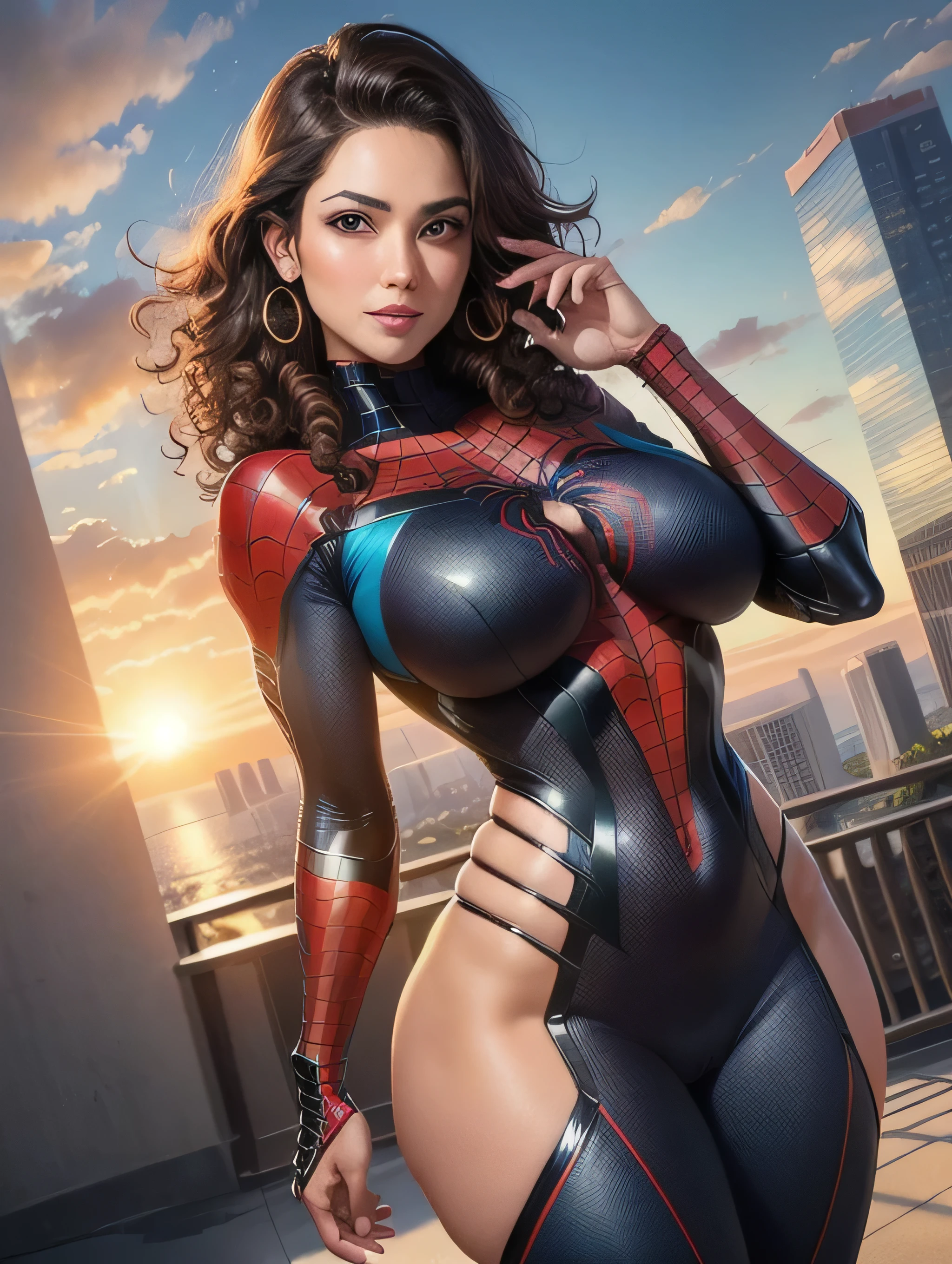 ((best quality)), ((masterpiece)), (detailed), woman 40 years old, beautiful hawaii female, large hips, brown curly hair, She wears Spider-Man suit, ((Very detailed eyes and face)))), super beautiful body, she is giant and taller than the skyscrapers on both Her sides, the sun is at sunrise
