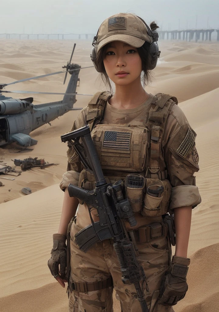 8K,Realistic Photo、Realistic Skin Texture、Superrealism、Japanese women serving in the U.S. military、Standing on a desert dune、Accurate equipment depiction、cap、They found the wrecked helicopter half buried in the sand.、Scattered debris