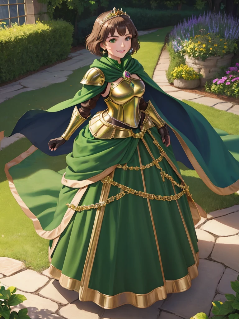 masterpiece, best quality:1.2), 1girl, smile, looking at viewer, green eyes, short brown hair, princess, armor, , pauldrons, armored dress, green cloak cape, wearing y blue ballgown skirt, golden tiara with green gem, armored boots, fingerless gloves, standing in medieval garden