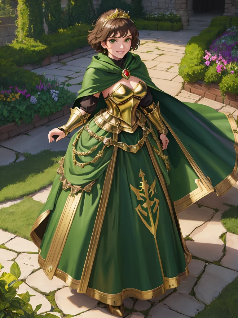 masterpiece, best quality:1.2), 1girl, smile, looking at viewer, green eyes, short brown hair, princess, armor, , pauldrons, armored dress, green cloak cape, wearing puffy blue ballgown skirt, golden tiara with green gem, armored boots, fingerless gloves, standing in medieval garden