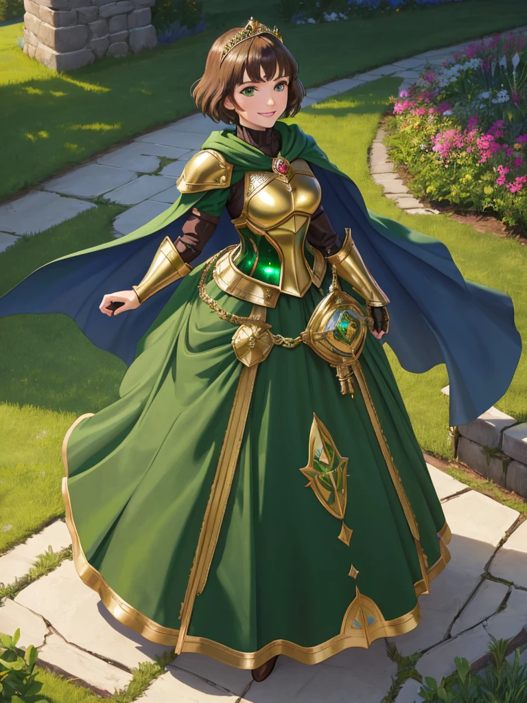 masterpiece, best quality:1.2), 1girl, smile, looking at viewer, green eyes, short brown hair, princess, armor, , pauldrons, armored dress, green cloak cape, wearing puffy blue ballgown skirt, golden tiara with green gem, armored boots, fingerless gloves, standing in medieval garden