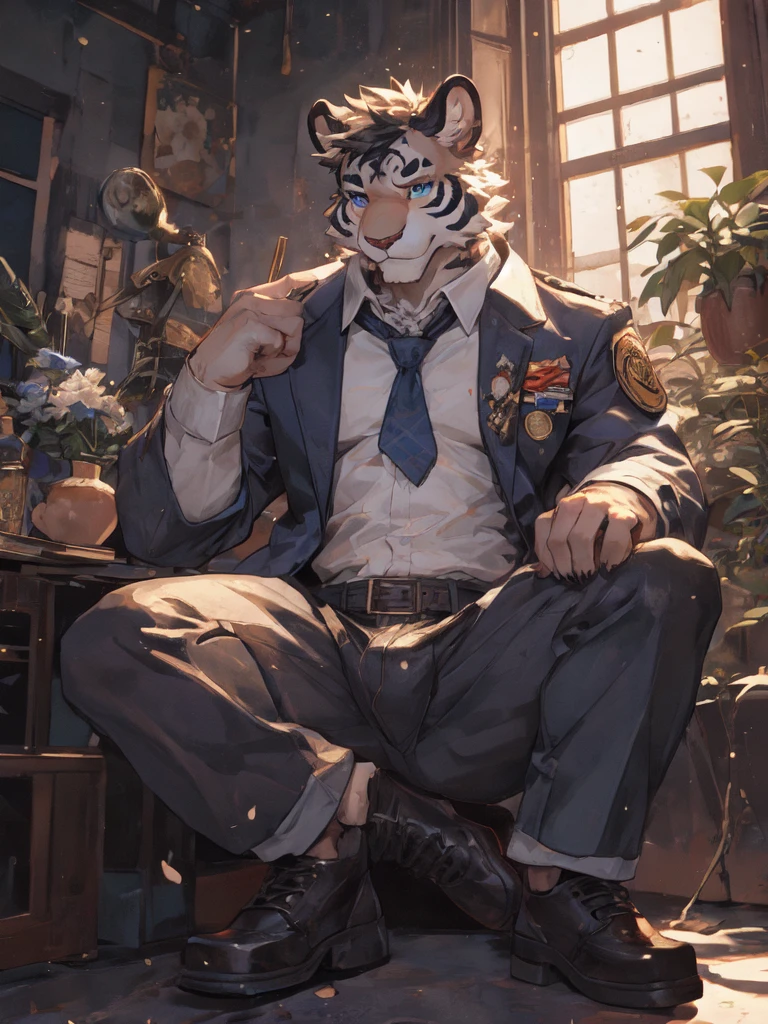 {{bara extremely handsome white tiger,}} {{white fur,}} white, wearing military like purple trench coat, purple trousers, white dress shirt and necktie, white fluffy furry body and limbs, loafers, very tall, very broad shoulders, narrow waist, muscular arms, massive pecs, purple eyes, very long legs, sitting on swivel chair with legs spread, perspective, massive bulge, reading file, sophisticated hot look, sexy pose, full body, sunlight casting over, 3/4 view, best quality, high quality, silver earring on left ear, sultry smirk