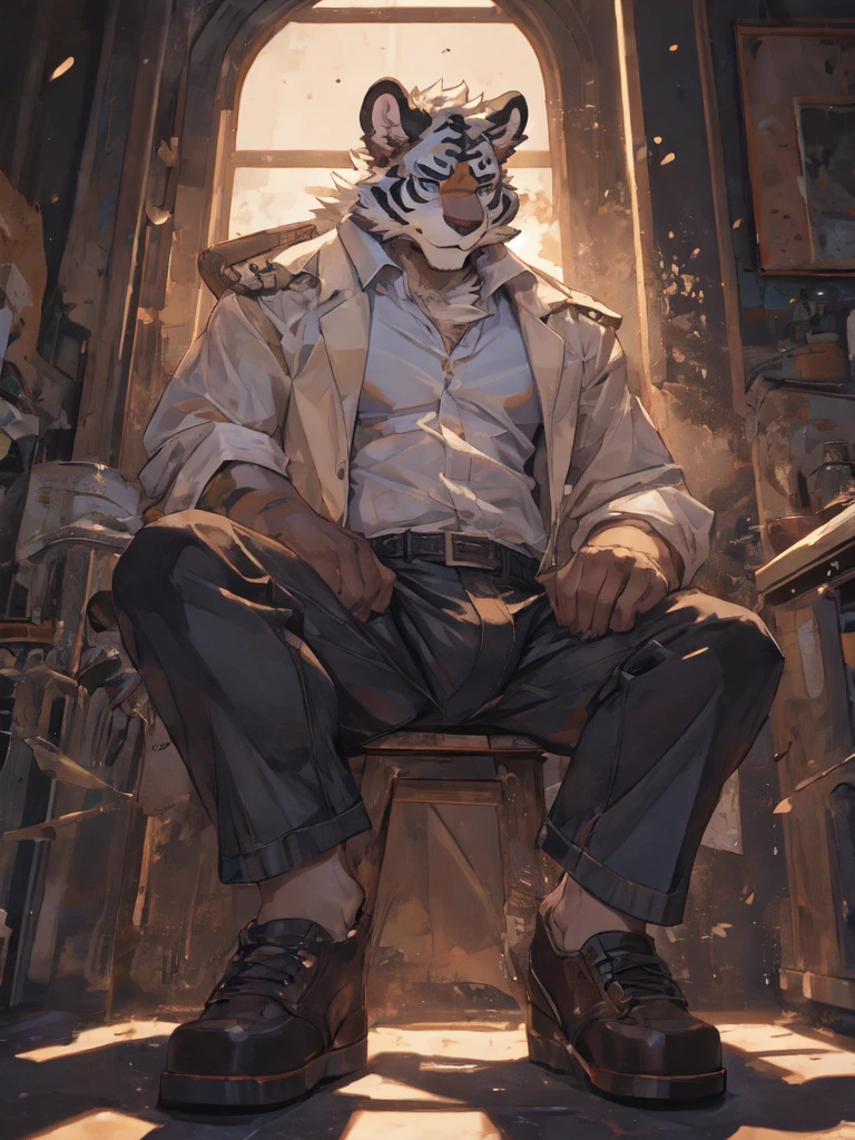 {{bara extremely handsome white tiger,}} {{white fur,}} white, wearing military like purple trench coat, purple trousers, white dress shirt and necktie, white fluffy furry body and limbs, loafers, very tall, very broad shoulders, narrow waist, muscular arms, massive pecs, purple eyes, very long legs, sitting on swivel chair with legs spread, perspective, massive bulge, reading file, sophisticated hot look, sexy pose, full body, sunlight casting over, 3/4 view, best quality, high quality, silver earring on left ear, sultry smirk
