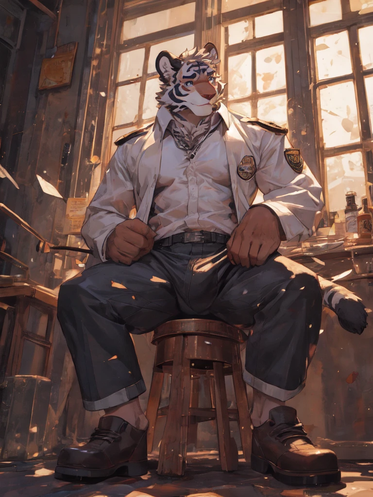 {{bara extremely handsome white tiger,}} {{white fur,}} white, wearing military like purple trench coat, purple trousers, white dress shirt and necktie, white fluffy furry body and limbs, loafers, very tall, very broad shoulders, narrow waist, muscular arms, massive pecs, purple eyes, very long legs, sitting on swivel chair with legs spread, perspective, massive bulge, reading file, sophisticated hot look, sexy pose, full body, sunlight casting over, 3/4 view, best quality, high quality, silver earring on left ear, sultry smirk