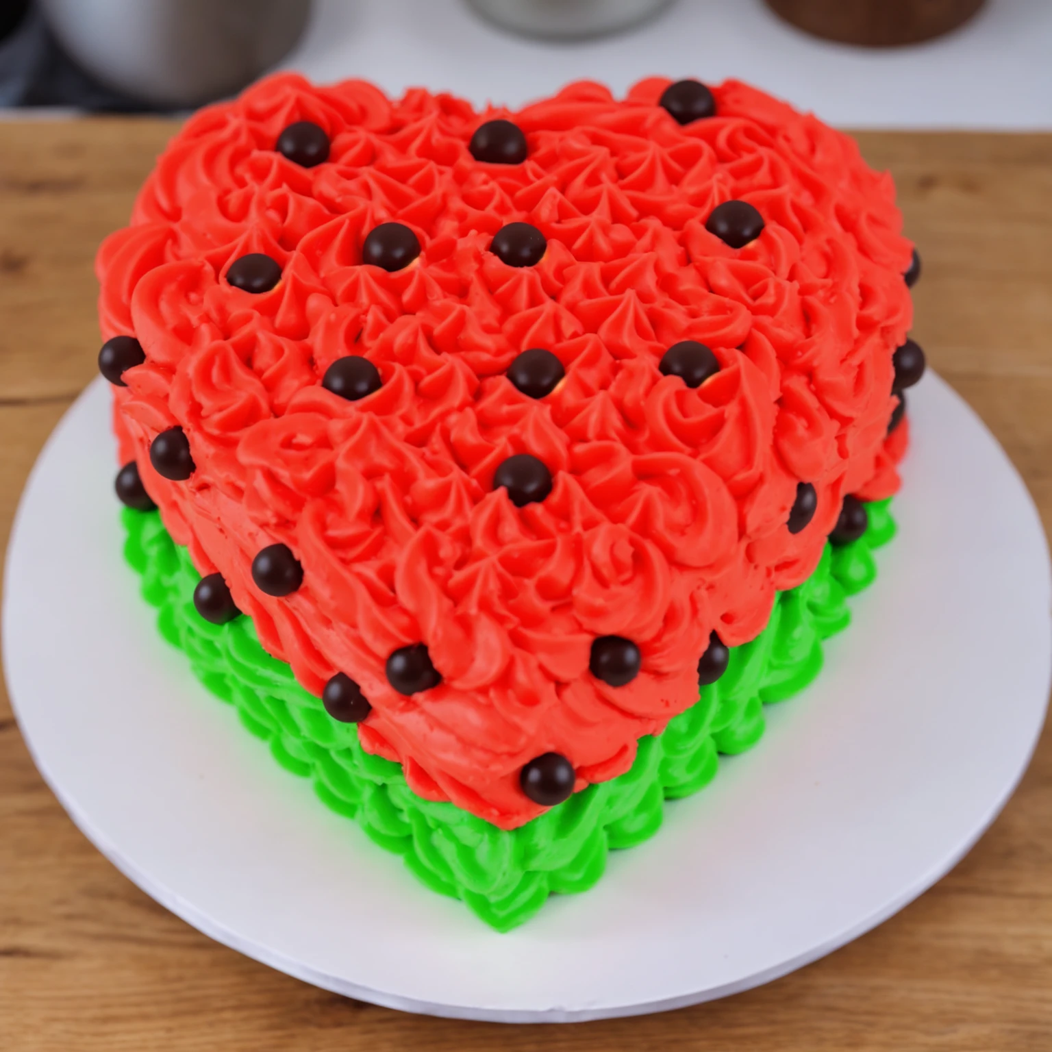 on a wooden table, red and green cream heart cake, star shaped cream, with black plastic beads, Multiple light sources, bright lighting, Realistic style , realistic texture, detailed texture, A high resolution, high quality,