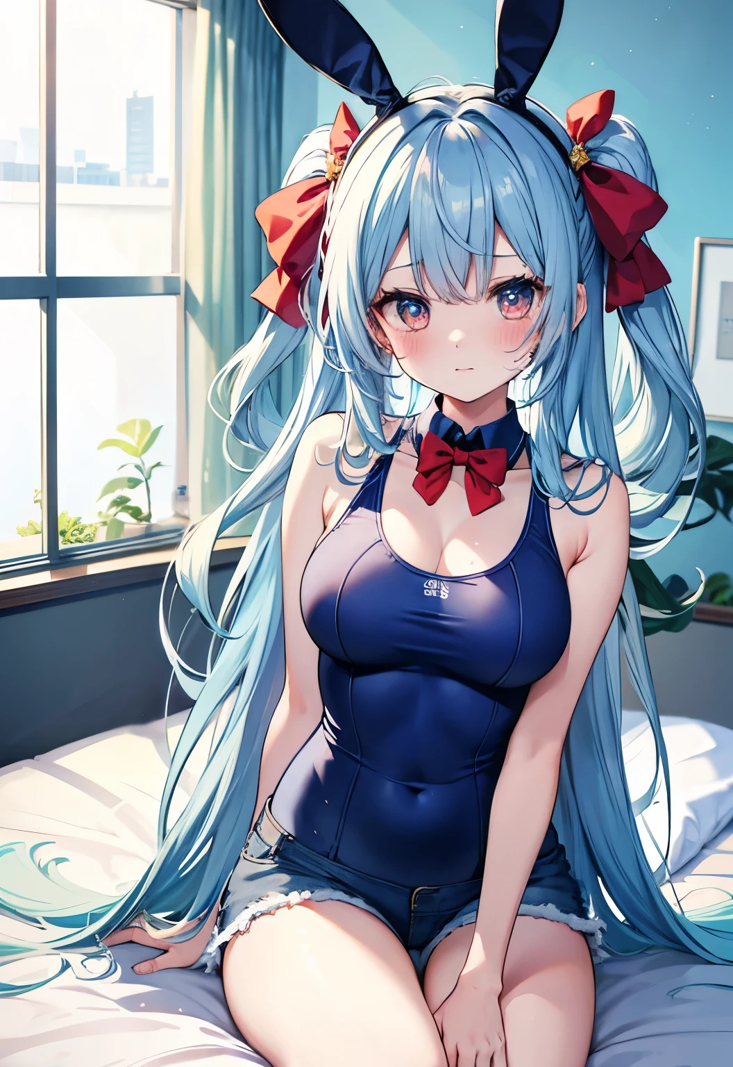 Blue Hair，Red Eyes，，Long hair，blush，Rabbit ears，Blue Rabbit（红猫Blue Rabbit）Large Breasts，Denim shorts，Blue swimsuit，Bedroom Background，on the bed，bow