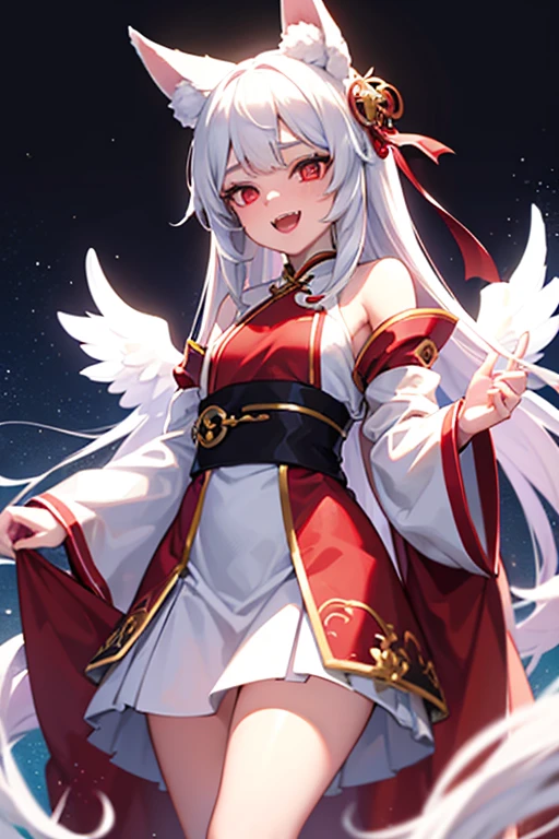 1girl, solo, white hair, red eyes, fox ears, fox girl, angel wings, hanfu, silk, long sleeves, open mouth, smile, fangs, look at the audience, cringe, silent echo, revealing skirt, lifted skirt