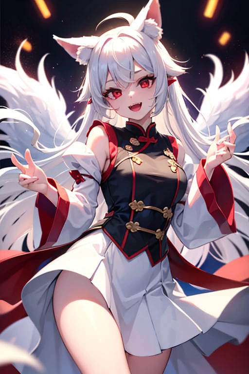 1girl, solo, white hair, red eyes, fox ears, fox girl, angel wings, hanfu, silk, long sleeves, open mouth, smile, fangs, look at the audience, cringe, silent echo, revealing skirt, lifted skirt