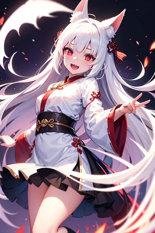 1girl, solo, white hair, red eyes, fox ears, fox girl, angel wings, hanfu, silk, long sleeves, open mouth, smile, fangs, look at the audience, cringe, silent echo, revealing skirt, lifted skirt