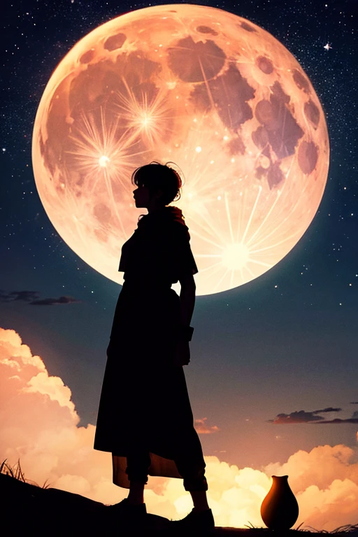 Highest quality,Big moon and shadow,A silhouette of a person can be seen against the backdrop of a large moon.,There is one full moon,There is a mood,Beautiful scenery,Starry Sky