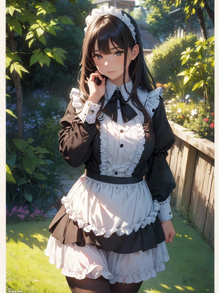 masterpieces,best quality,(ultra_detailed),3D,(realistic:1.9),(photorealistic:1.9),(light falloff at edges:1.9),shallow depth of field,sensual girl,in garden,at morning,western‐style house in the background,plump,(brown _pantyhose,)wavy long hair,built bangs,drooping eyes,wide-set eyes,lovely round eyes,looking away,round face, (maid costume),