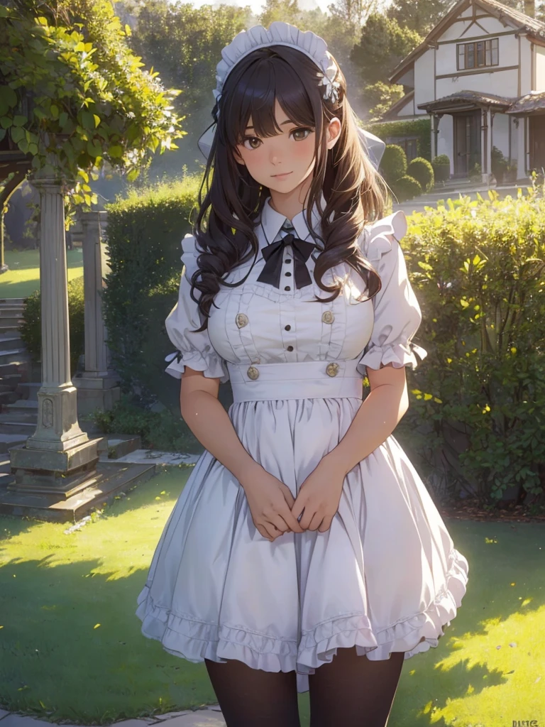 masterpieces,best quality,(ultra_detailed),3D,(realistic:1.9),(photorealistic:1.9),(light falloff at edges:1.9),shallow depth of field,sensual girl,in garden,at morning,western‐style house in the background,plump,(brown _pantyhose,)wavy long hair,built bangs,drooping eyes,wide-set eyes,lovely round eyes,looking away,round face, (maid costume),