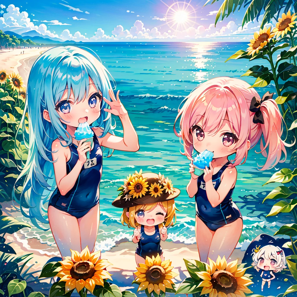 (trio: 1.3), (3 girls: 1.3), (chibi:1.5), summer beach, bright sun, colorful school swimsuit, eating shaved ice together, pouring, laughing, kawaii, comical, sunflower, pose, bright sun in the background, BREAK, eating shaved ice, ocean, watercolor, retouching, pastel colors, high quality, masterpiece,long shot,A slightly distant view、