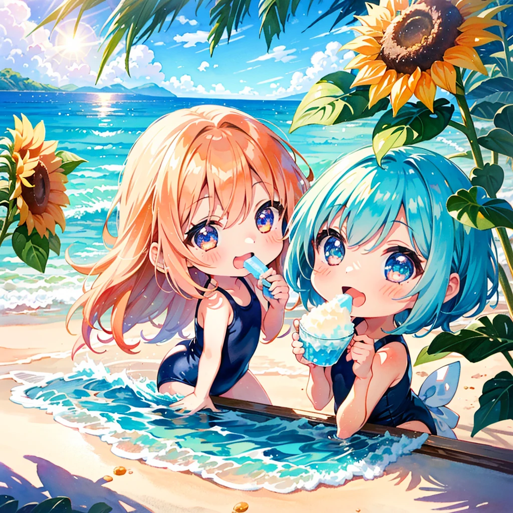 (trio: 1.3), (3 girls: 1.3), (chibi:1.5), summer beach, bright sun, colorful school swimsuit, eating shaved ice together, pouring, laughing, kawaii, comical, sunflower, pose, bright sun in the background, BREAK, eating shaved ice, ocean, watercolor, retouching, pastel colors, high quality, masterpiece,long shot,A slightly distant view、