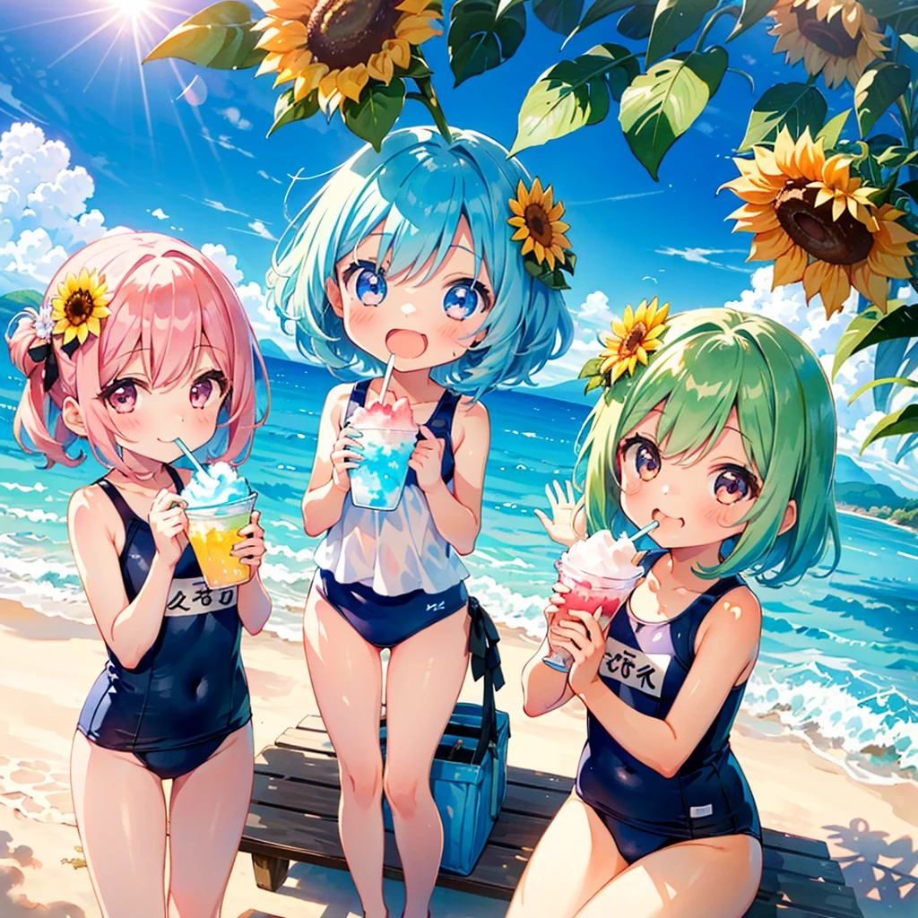 (trio: 1.3), (3 girls: 1.3), (chibi:1.5), summer beach, bright sun, colorful school swimsuit, eating shaved ice together, pouring, laughing, kawaii, comical, sunflower, pose, bright sun in the background, BREAK, eating shaved ice, ocean, watercolor, retouching, pastel colors, high quality, masterpiece,long shot,A slightly distant view、