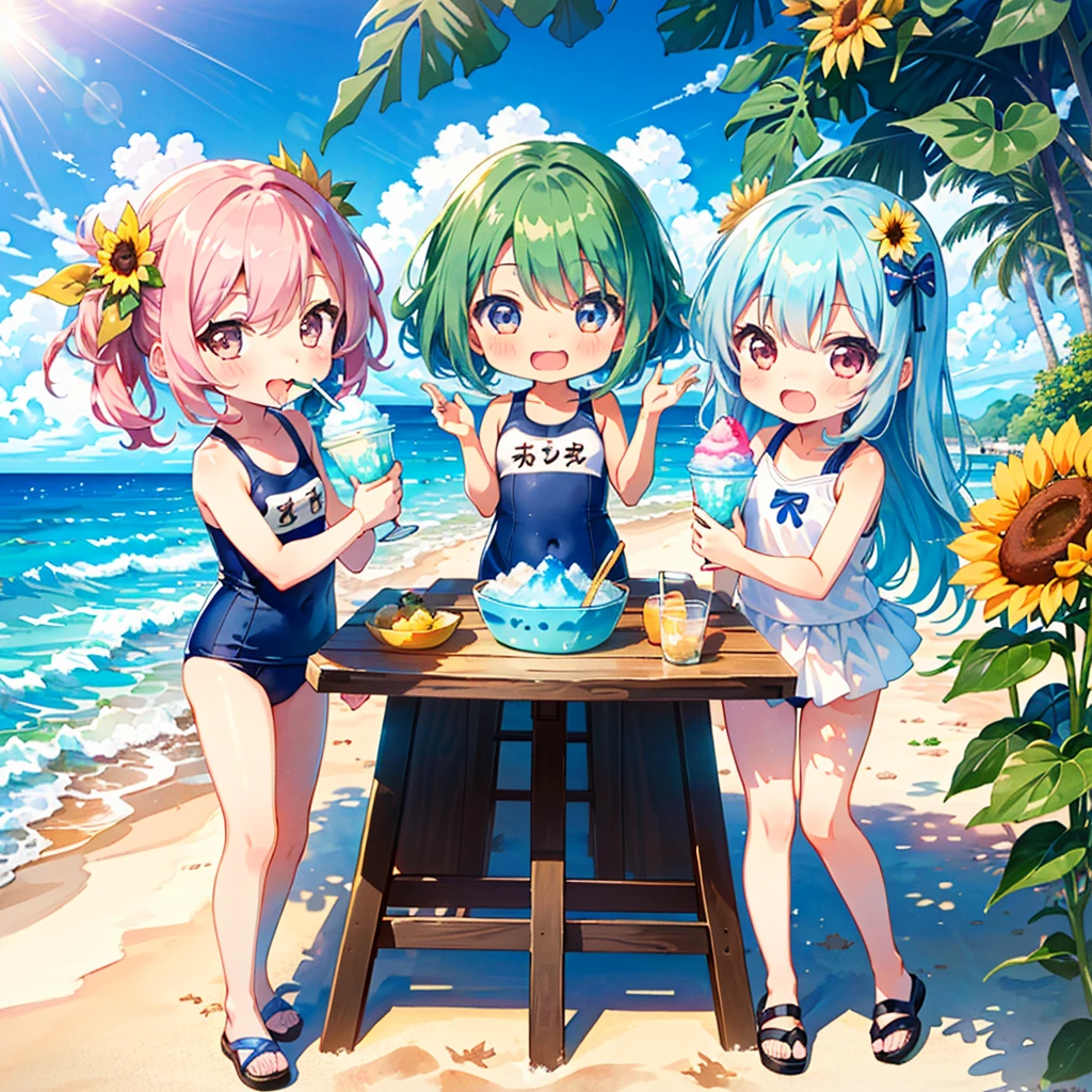 (trio: 1.3), (3 girls: 1.3), (chibi:1.5), summer beach, bright sun, colorful school swimsuit, eating shaved ice together, pouring, laughing, kawaii, comical, sunflower, pose, bright sun in the background, BREAK, eating shaved ice, ocean, watercolor, retouching, pastel colors, high quality, masterpiece,long shot,A slightly distant view、