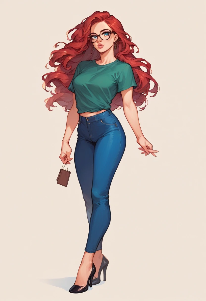 score_9, score_8_up, score_7_up, score_6_up, art of a woman, pale, smooth skin, blue eyes, long straight red hair, full lips, slender physique, green t-shirt, glasses, blue pants, black heels
