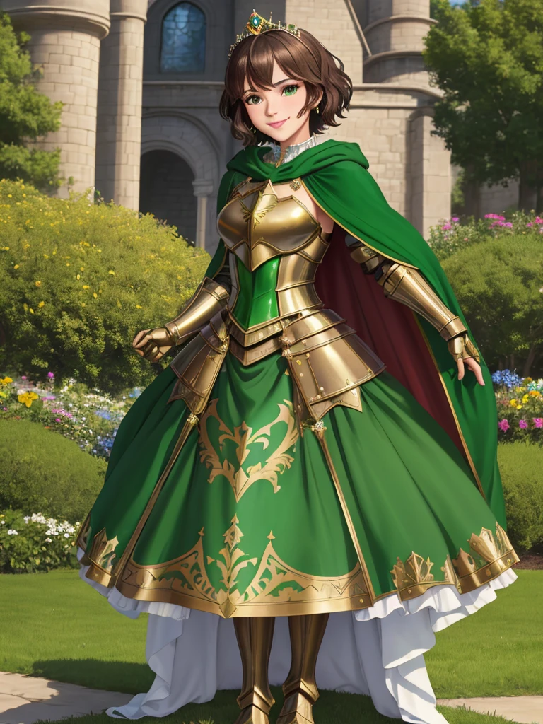masterpiece, best quality:1.2), 1girl, smile, looking at viewer, green eyes, short brown hair, princess, armor, , pauldrons, armored dress, green cloak cape, wearing puffy blue ballgown skirt, golden tiara with green gem, armored boots, fingerless gloves, standing in medieval garden