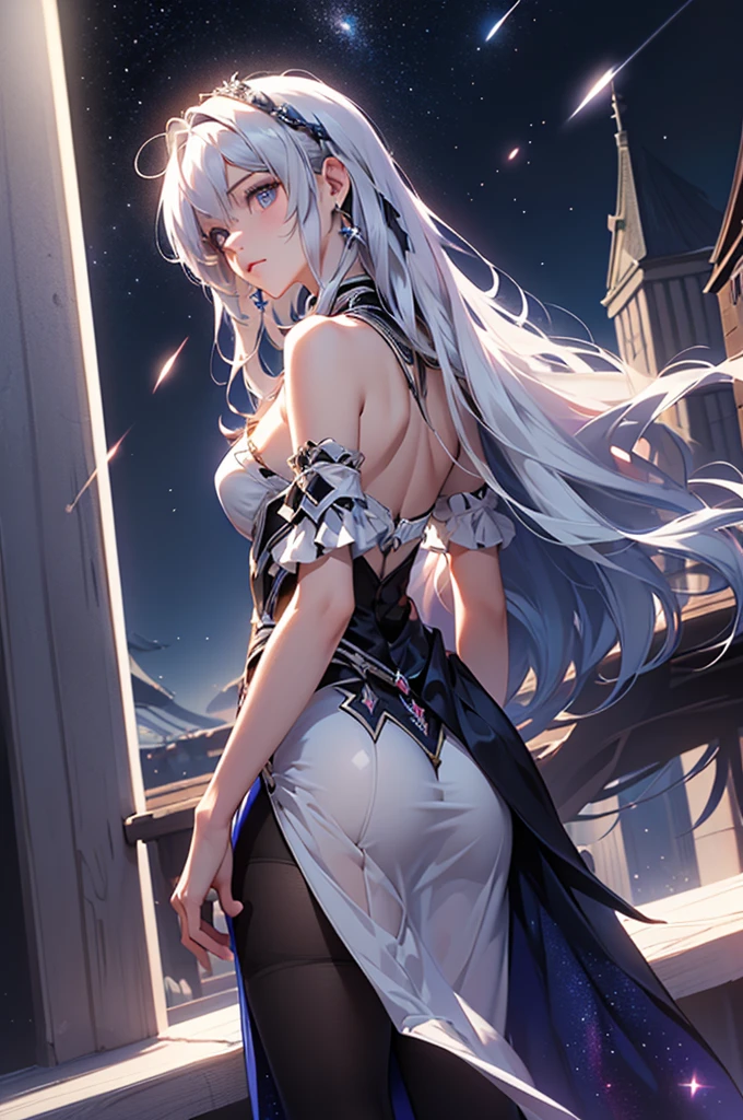 (masterpiece:1.5, Highest quality, Very detailed、 Dutch Angle、Realistic、Fantasy)(One girl, alone)(White and beautiful hair:1.4,,Straight Long Hair)(White based dress, tights、Butt)、((medium breasts))(from side)(Beautiful starry sky、Mystical Night、Particles of light float around the woman、Fantasyな空間)Kiana Kaslana