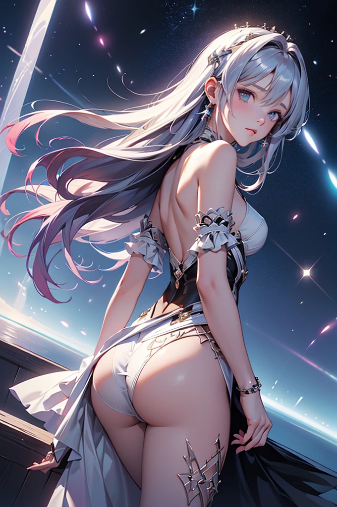 (masterpiece:1.5, Highest quality, Very detailed、 Dutch Angle、Realistic、Fantasy)(One girl, alone)(White and beautiful hair:1.4,,Straight Long Hair)(White based dress, tights、Butt)、((medium breasts))(from side)(Beautiful starry sky、Mystical Night、Particles of light float around the woman、Fantasyな空間)Kiana Kaslana