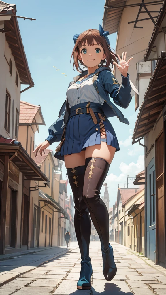 CG, unity, 8k, wallpaper, highest quality, masterpiece, 1 girl, haruka amami, cowboy shot, standing, looking at viewer, outdoors, waving, smile, close mouth,thigh high boots,black boots, sexy, best lighting, complex pupils, complex textile, realistic skin texture, detailed background, (Traditional stone town in Europe), (blue sky: 1.5)