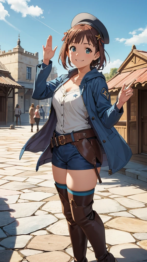 CG, unity, 8k, wallpaper, highest quality, masterpiece, 1 girl, haruka amami, cowboy shot, standing, looking at viewer, outdoors, waving, smile, close mouth,thigh high boots,black boots, sexy, best lighting, complex pupils, complex textile, realistic skin texture, detailed background, (Traditional stone town in Europe), (blue sky: 1.5)