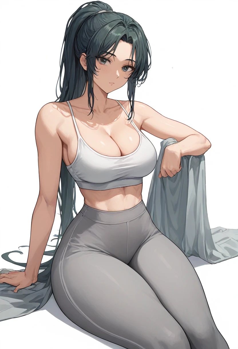 Score_9,score_8_up,score_7_up,1girl,solo,white background,sports bra, spaghetti strap,cleavage,big_breasts,looking_at_viewer,long hair, high ponytail, grey pants,yoga pants,haren pants,high waist,side slit,thick thighs,slab sitting,fashion dress