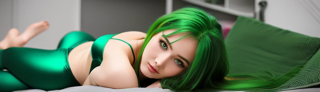 Generate me an image of a green-haired Waifu model, super realistic, the girl should be in tight pajamas showing her body.