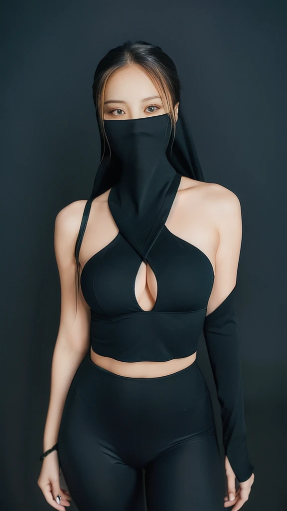 （lifelike， high - resolution：1.3），full body , 1 girl with a perfect body， Super fine face and eyes，slong hair，ninja midriff of black colors：1.2， black shiny leggings，face veil,   big boob，Expose cleavage, ninja pose.