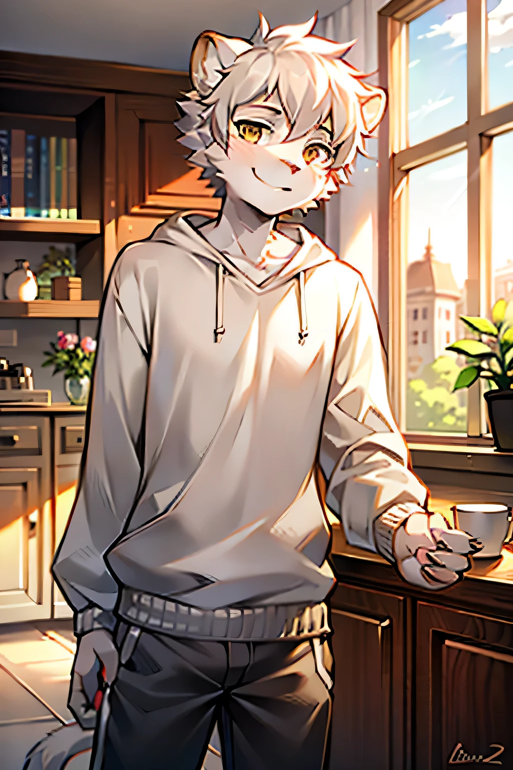 White lion，male，short hair，White sweatshirt，Smile