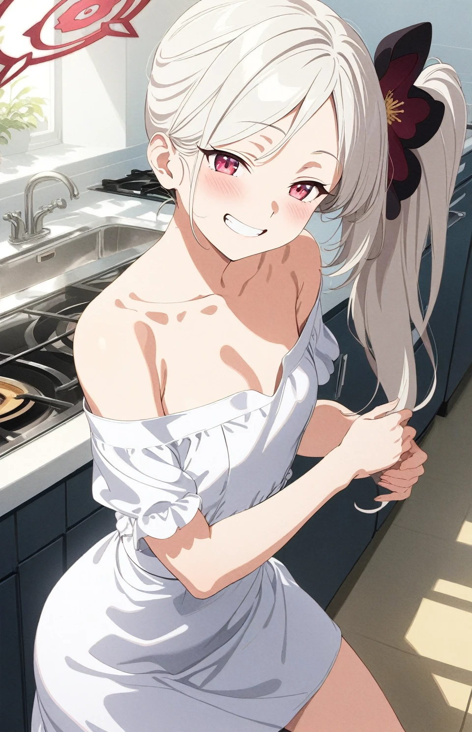 best quality, amazing quality, very aesthetic, absurdres, (1girl, mutsuki, blue archive, solo, red eyes, white hair, side ponytail), (realistic face:0.7),(off-shoulder dress:1.8),dress lift, (grin, blush, thigh:1.3), (cowboy shot), (glowing eyes:1.1), (half closed eyes:0.9), (from side:2),(from above:0.2), (kitchen), expressive eyes, perfect face, 4k, extremely detailed anime illustration, extremely detailed eyes, perfect anatomy, light rays, extremely delicate body, smooth skin, (school background:1.5), clear eyes, beautiful face, small breasts,(anime style:1.5), (Chiaroscuro:1.5), (highres:2), cinematic
