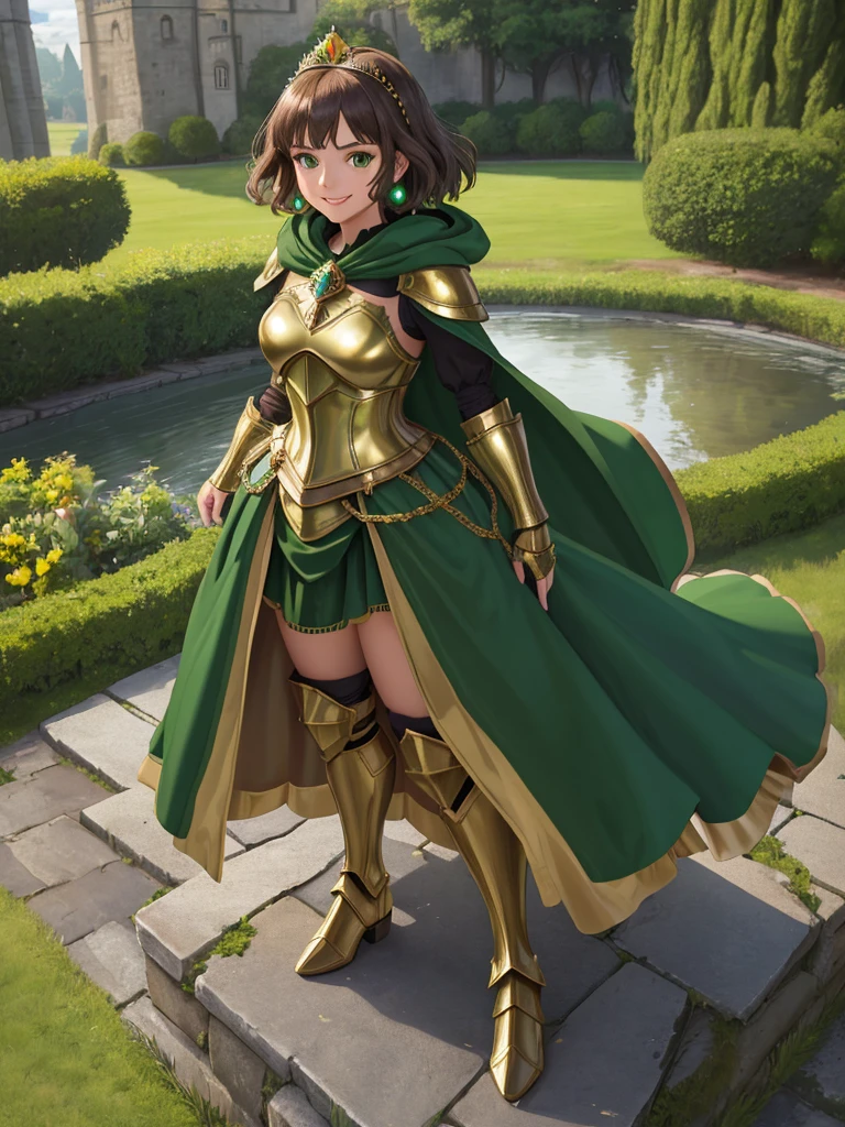 masterpiece, best quality:1.2), 1girl, smile, looking at viewer, green eyes, short brown hair, princess, armor, , pauldrons, armored dress, green cloak cape, wearing puffy blue ballgown skirt, golden tiara with green gem, armored boots, fingerless gloves, standing in medieval garden